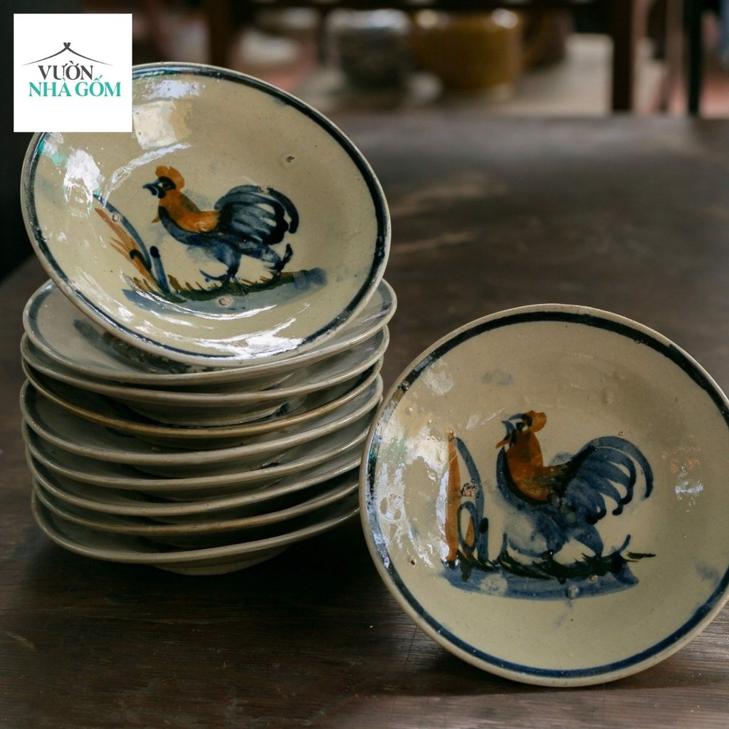 Set 10 dĩa vẽ con gà, dĩa đựng thức ăn, dĩa xưa, dĩa gốm lái thiêu- Vườn Nhà Gốm