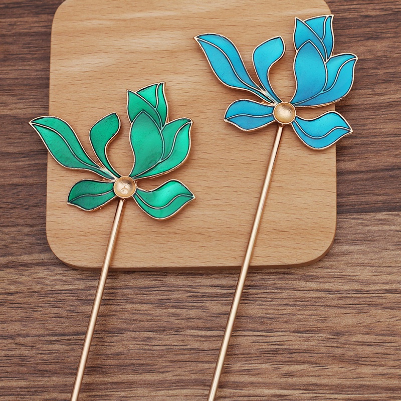 Cán trâm hoa sen sơn tráng men phong cách điểm thúy 143*52mm nguyên liệu làm trâm làm trang sức cổ trang có màu KC