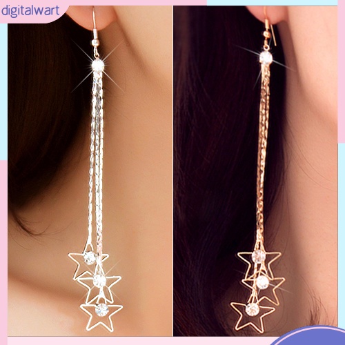 Cặp khuyên tai dài 3 sợi thiết kế ngôi sao 5 cánh đính đá quý nhân tạo sang trọng cá tính dành cho nữ