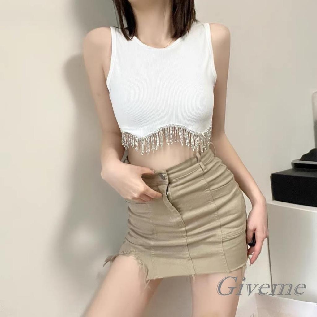 Áo Tank Top Không Tay Cổ Tròn Viền Tua Rua Đính Đá Thời Trang Đường Phố Mùa Hè