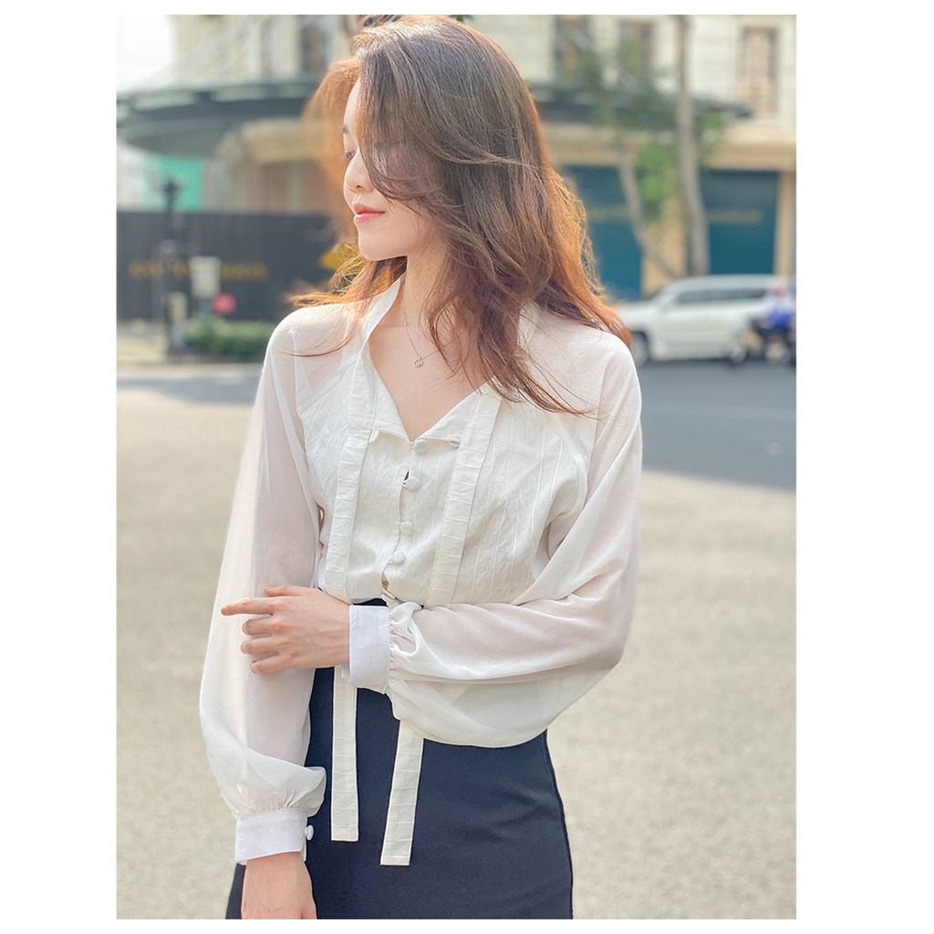 Áo Sơ Mi Nữ Công Sở Kiểu nữ Đẹp Hàn Quốc Tay Phồng  LUCETFASHION cao cấp đen trắng Kimi Shirt