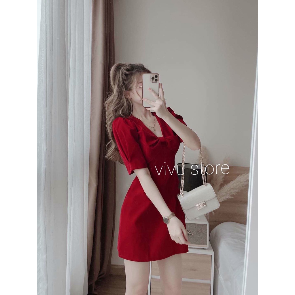 Váy nhung đỏ, đầm tiểu thư cổ v phối nơ ngực cực xinh chất nhung cao cấp mềm mại