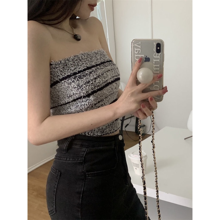 Áo Ống Ngắn Bằng Vải Lông Họa Tiết Kẻ Sọc Chống Chói Gợi Cảm Cho Nữ