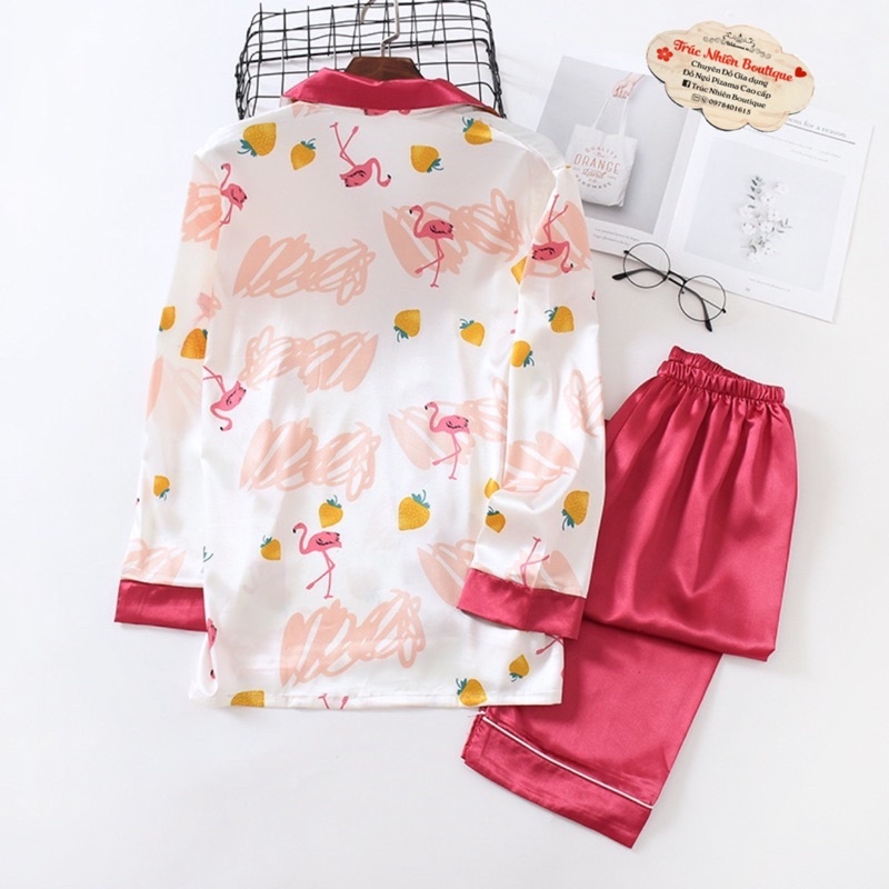 Pizama lụa họa tiết hoa lá, hoạt hình tay dài xinh - S02