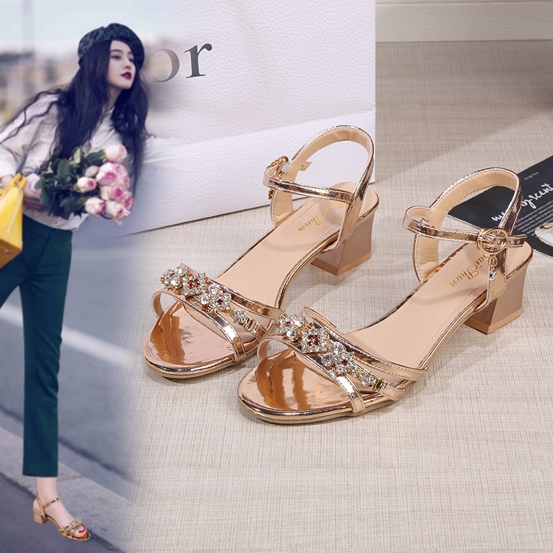 💘 Giày cao gót mũi vuông đính đá thời trang cho nữ 💘 đế mềm thoáng khí thiết kế mới