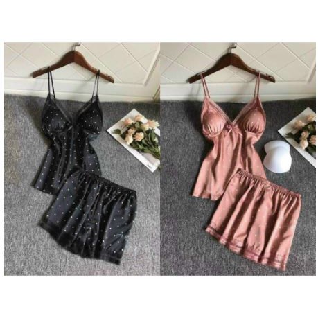Bộ Đồ Ngủ Áo Hai Dây Chấm Bi Ren Vải Lụa Satin Gợi Cảm Cho Nữ