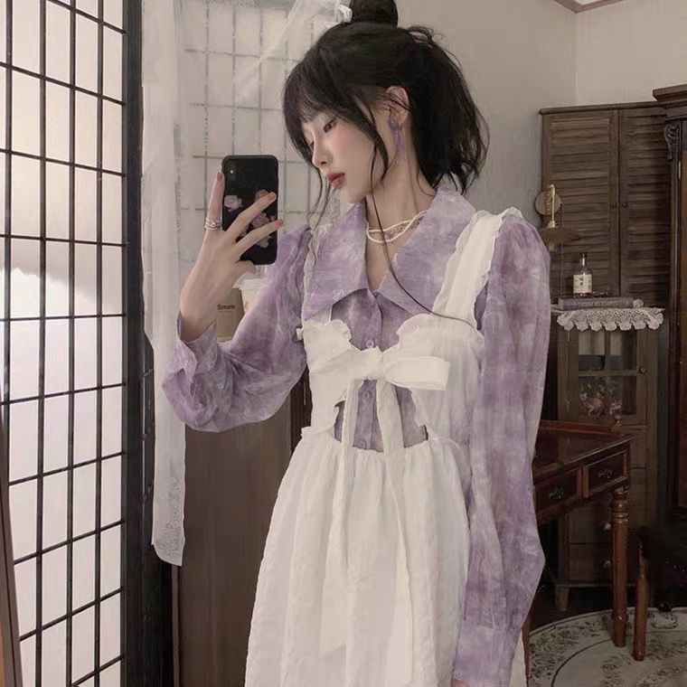 Set Áo Sơ Mi Nhuộm Màu Tím Nho Phối Chân Váy Yếm Hai Mặt Phong Cách Retro Thời Trang Mùa Hè
