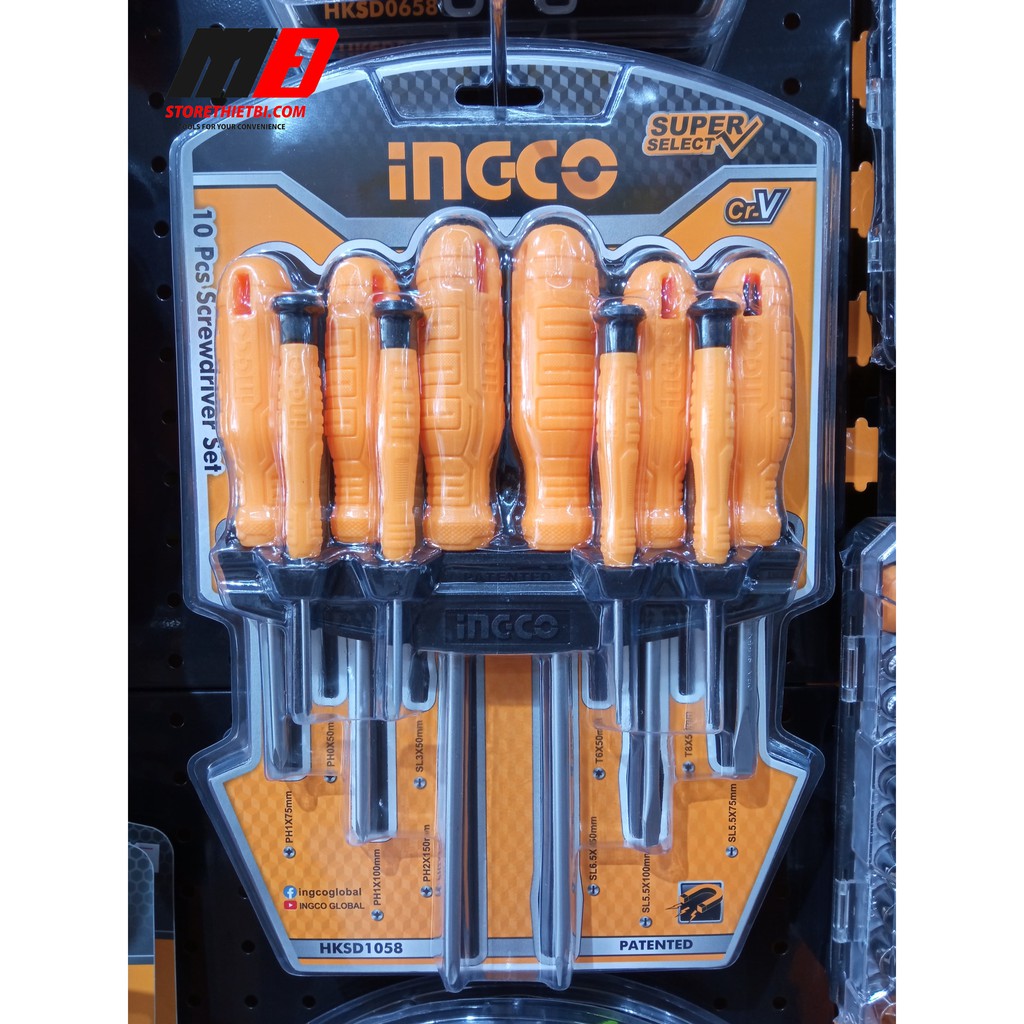 Bộ 10 tua vít dẹp, bake, sao và tua vít chuẩn INGCO HKSD1058