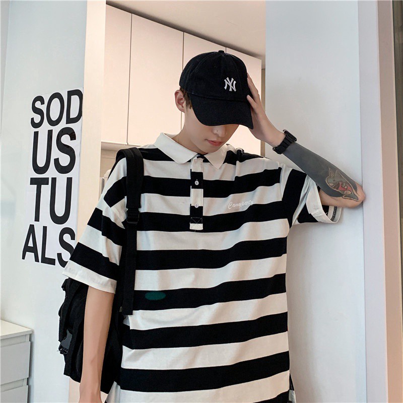 Áo thun Polo tay ngắn kẻ sọc ngang thời trang phong cách Hàn Quốc cho nam