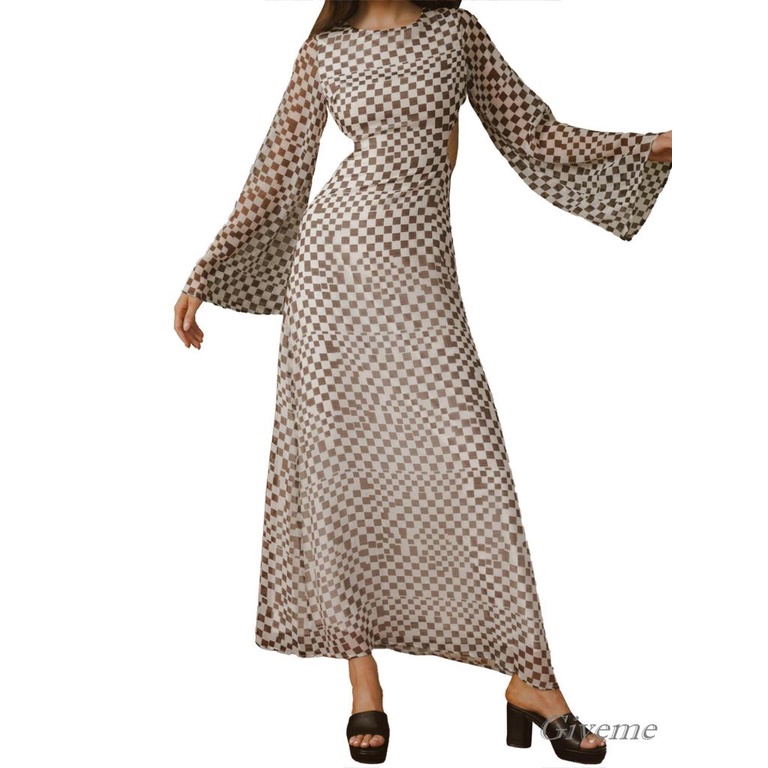 Đầm Dài Cổ Tròn Hở Lưng Tay Loe In Họa Tiết Kẻ Ô Cho Nữ