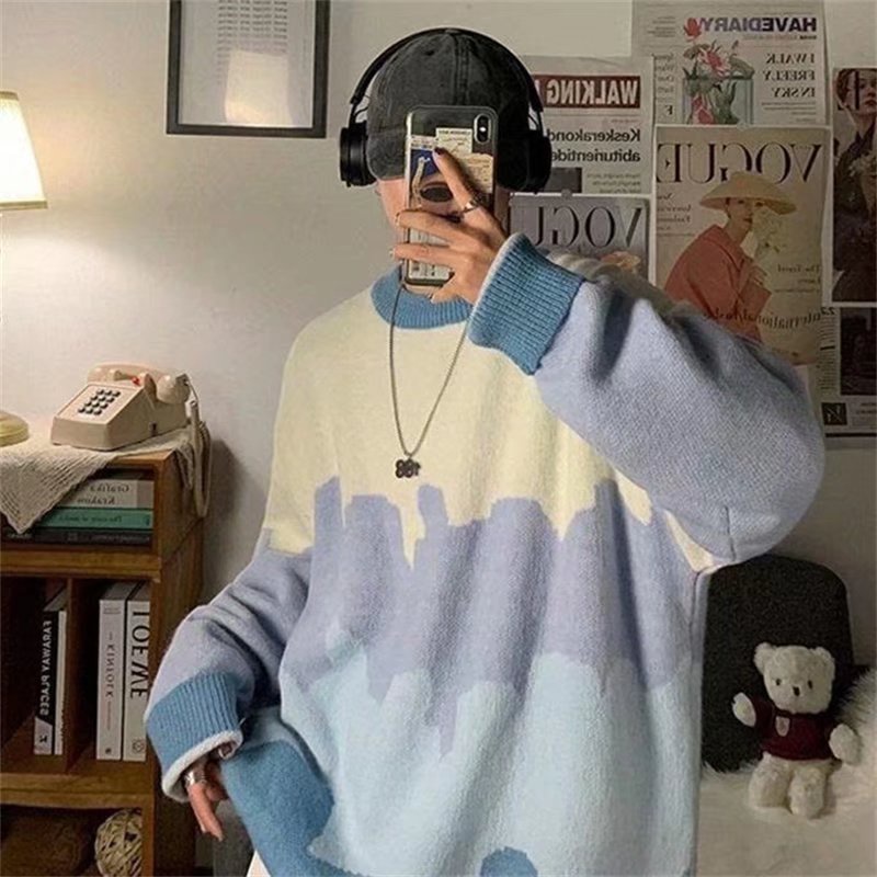 Áo sweater dệt kim tay dài cổ tròn nhuộm màu phong cách đường phố hip hop Hàn Quốc cho nam size M-2XL