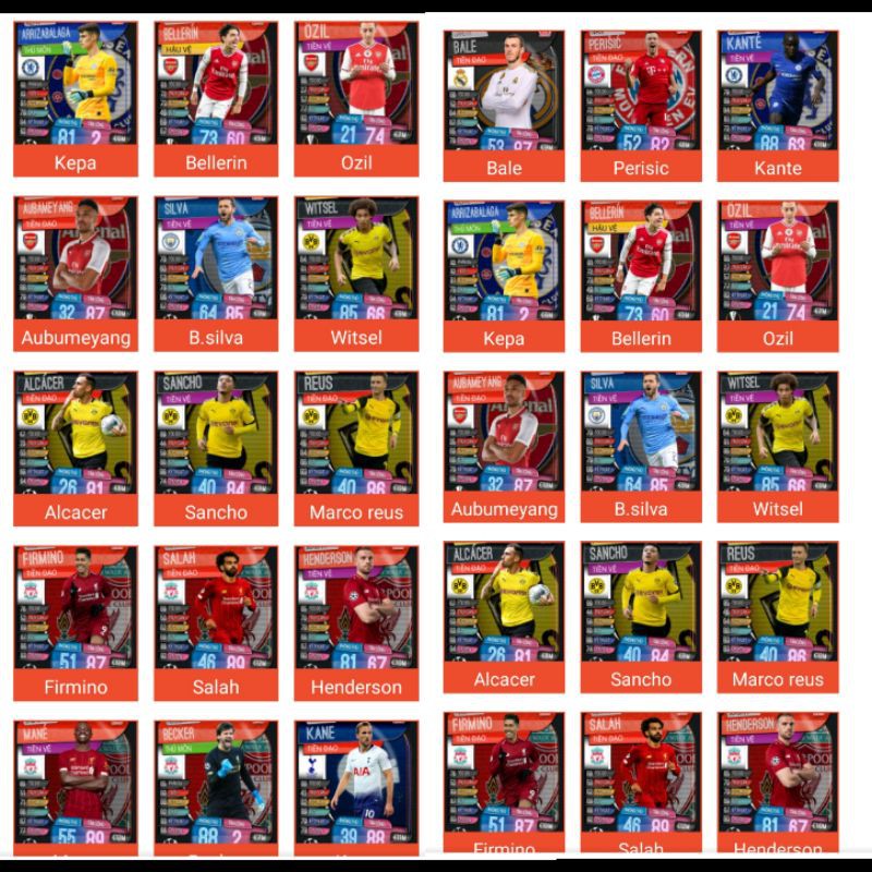 Thẻ base Match Attax  Bale Ozil Kepa Sancho Salah