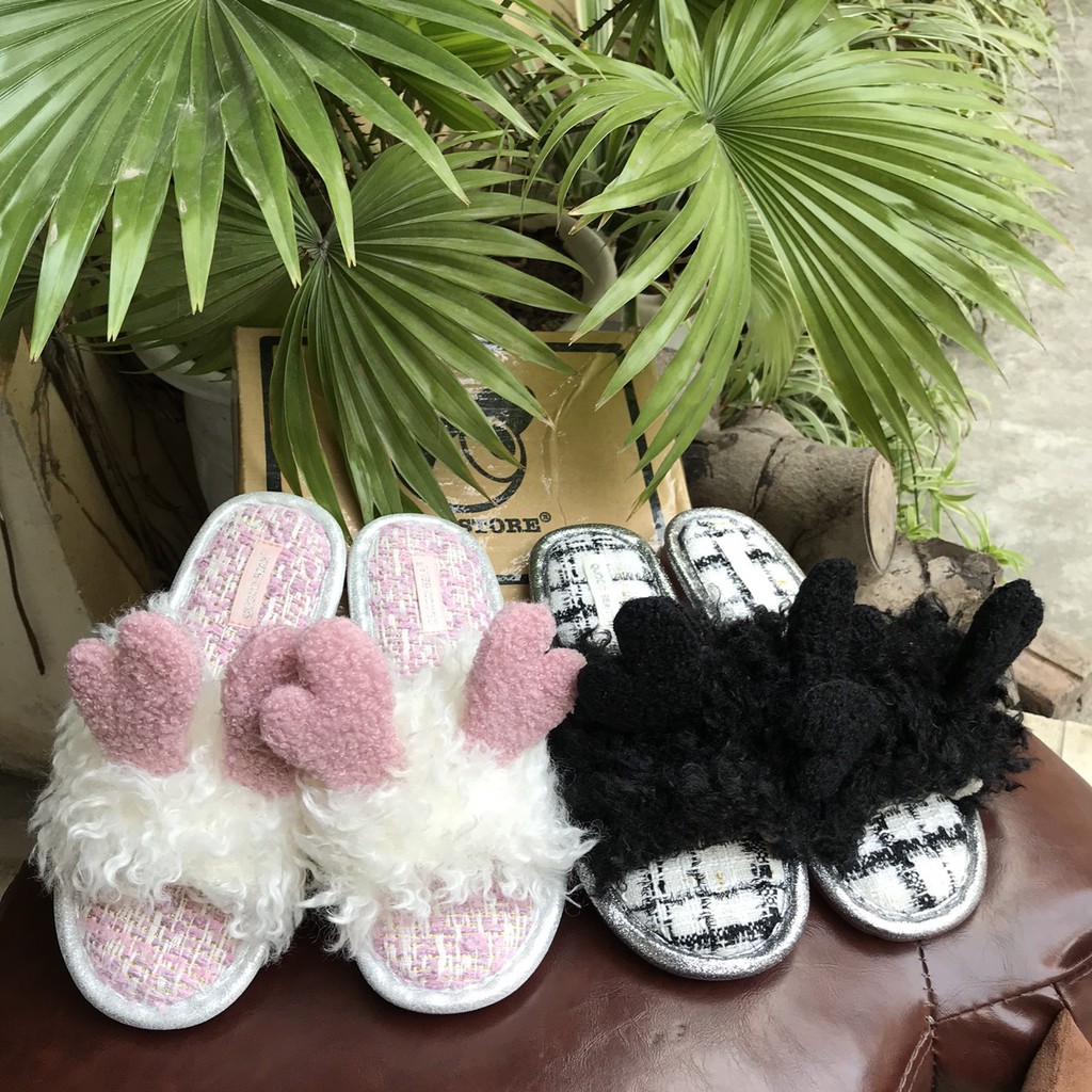 Dép Lông Cừu QUOCO BEAR xuất Hàn cao cấp, Dép bông đi trong nhà Moki Mart