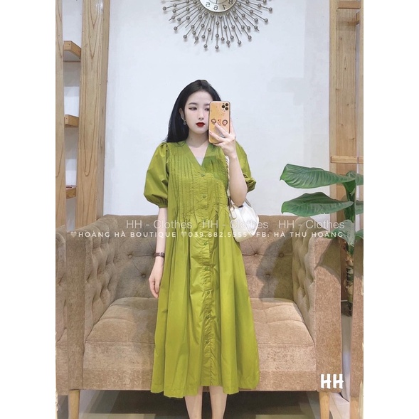 Đầm babydoll dáng dài xếp ly ngực tay phồng quảng châu