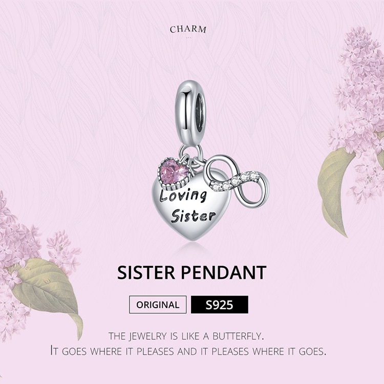 Mặt Dây Hình Trái Tim Loving Sister Màu Hồng Bamoer bạc 925 Nguyên Mẫu Gắn Vòng Tay Trang Sức BSC414
