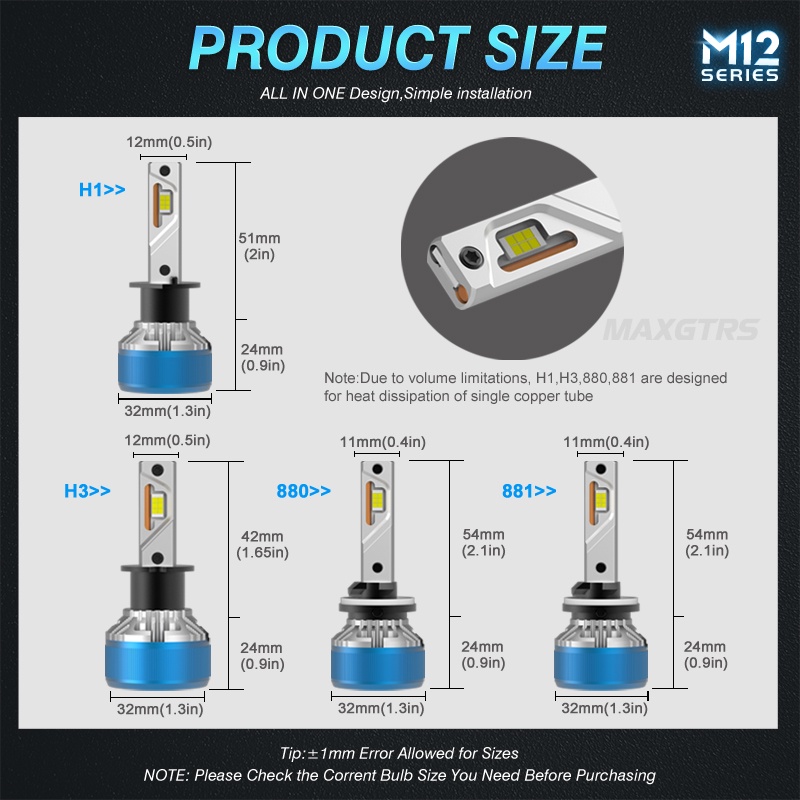 Bộ 2 bóng đèn Led MAXGTRS 55W H7 H4 Hi/Lo H8 H11 9005 Hb3 9006 Hb4 6500KH27/880 H1 H3 H27/881 PSX26W P13W H16Eu PSX24W