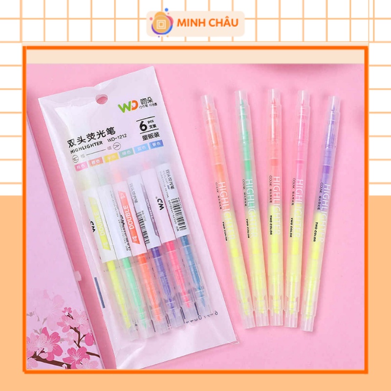 Bút Highlight Dạ Quang Pastel 2 Đầu Nhiều Màu Tiên Dụng Set 3 Và Set 6 Bút