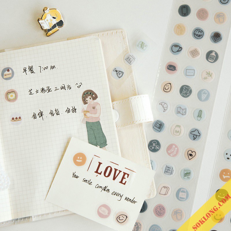Set 57 sticker miếng dán icon tròn cute hình khuôn mặt/ đồ ăn/ đồ tiện ích Tuệ Minh