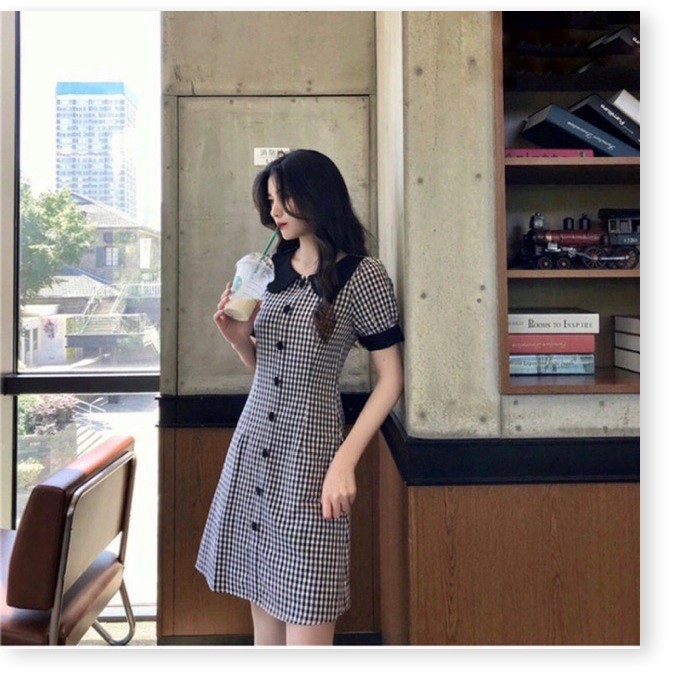 ĐẦM SUÔNG NỮ CARO PHỐI CỔ BÈO TAY BỒNG NHẸ THANH LỊCH TIỂU THƯ CỰC XINH