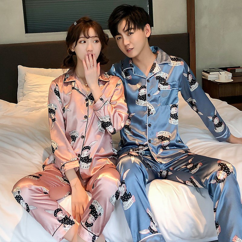 ♘❆∈Bộ đồ ngủ cặp đôi lụa băng giá xuân thu dài tay nhân tạo mỏng mặc nhà plus size phiên bản Hàn Quốc của đông nữ