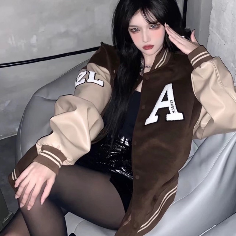 Áo khoác bomber jacket varsity nam nữ màu nâu cafe vintage đậm mới thêu chữ A cực chất