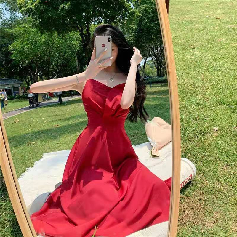 Jiashucheng Bộ Áo Liền Quần Hai Dây Dáng Ôm Màu Đỏ Thời Trang Khí Chất Hẹp @