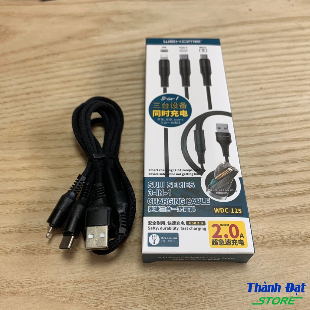 Cáp sạc Điện Thoại 3 đầu WK 091/WK WDC-125 loại xịn, Dây Dù, hỗ trợ sạc nhanh