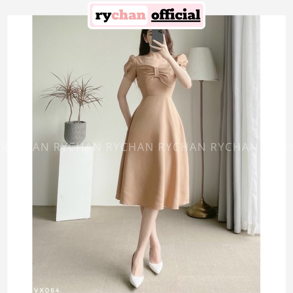 Đầm Váy Nữ Dự Sinh Nhật Cổ Vuông Phối Xếp Li Trước Ngực Dáng Xòe Nhẹ Nhàng Nữ Tính Màu Kem - DX9779
