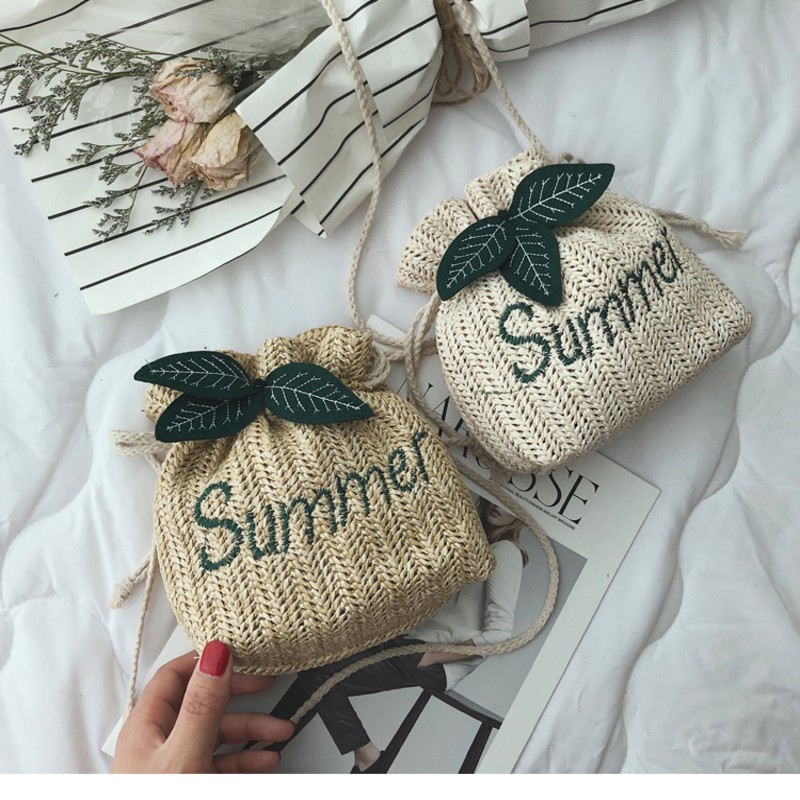 Túi nữ vải rút đeo vai hình lá SUMMER mùa hè mới vải xô rơm Hàn Quốc túi nữ dệt thoi đi chơi biển siêu hot giá rẻ SM112