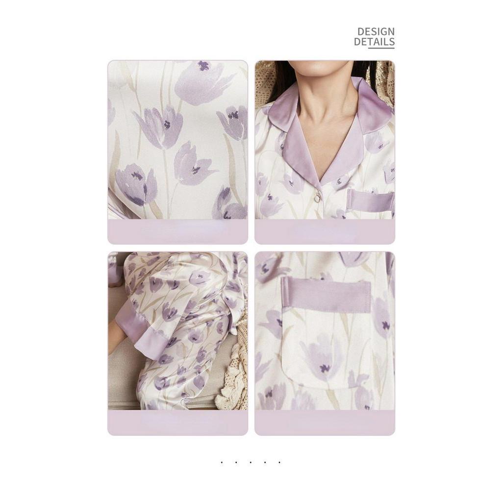 Bộ Đồ Ngủ Tay Dài Bằng Lụa Mát In Hình Hoa Tulip Màu Tím Thời Trang Mùa Xuân Mới 2023