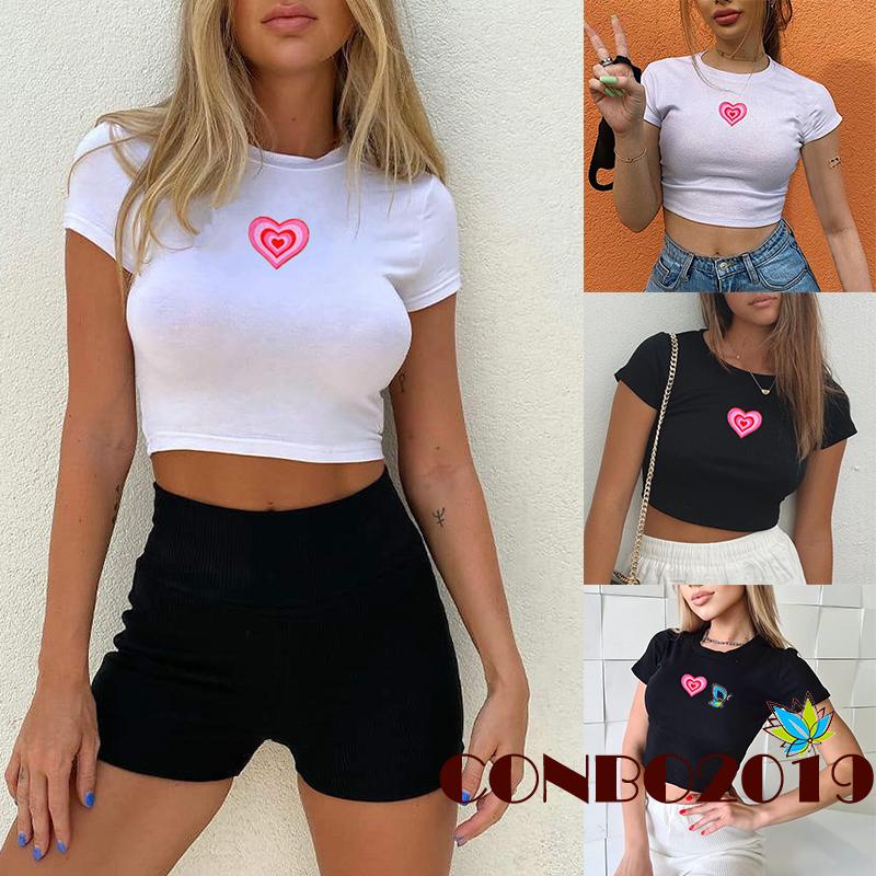 Áo Thun Croptop Tay Ngắn Cổ Tròn In Hình Trái Tim Thời Trang Xuân Hè Cho Nữ