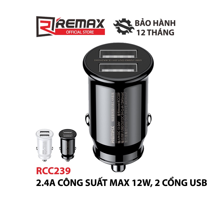 [Mã BMLTA50 giảm 10% đơn 99K] Cóc sạc xe hơi Remax RCC239 2 cổng USB Max 2.4A