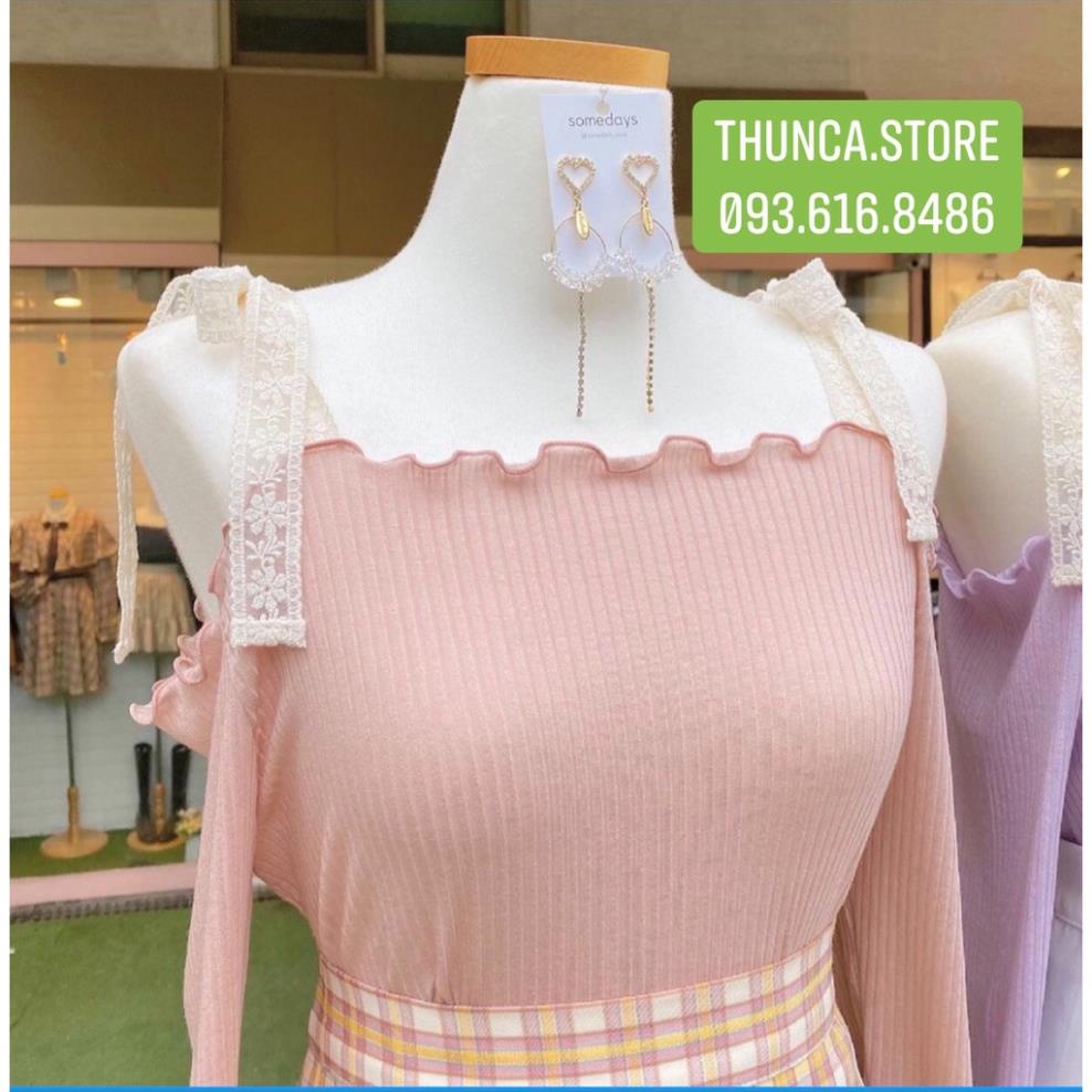 [hot] Áo trễ vai tay dài Phối Ren Hoa Phong Cách Hàn Quốc, áo bẹt vai tay dài cột nơ vai dây ren . | BigBuy360 - bigbuy360.vn