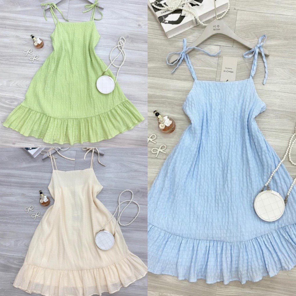 Đầm xốp 2 dây cột nơ nữ tính tiểu thư, đầm dáng suông bèo nhẹ phong cách sang chảnh