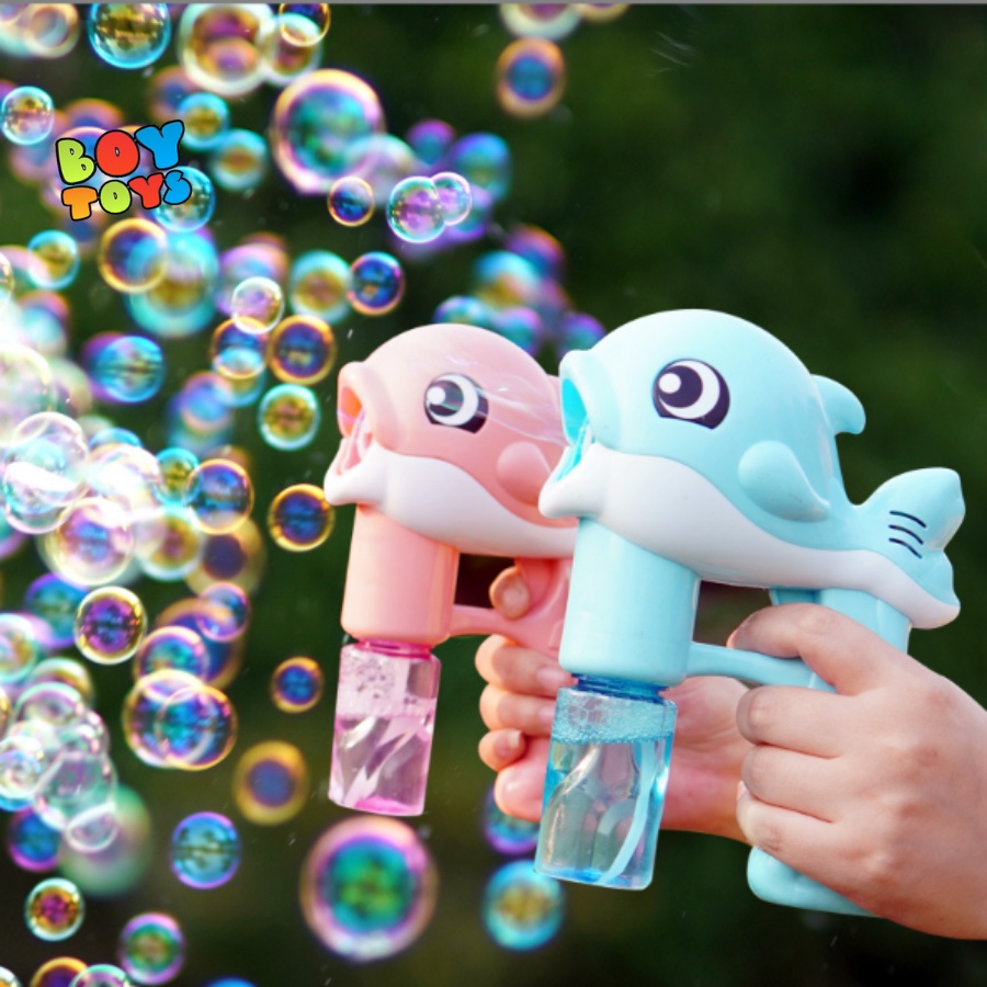 Đồ chơi súng bắn bong bóng xà phòng hình cá heo có nhạc và đèn, đồ chơi bong bóng dễ thương cho bé có sử dụng pin