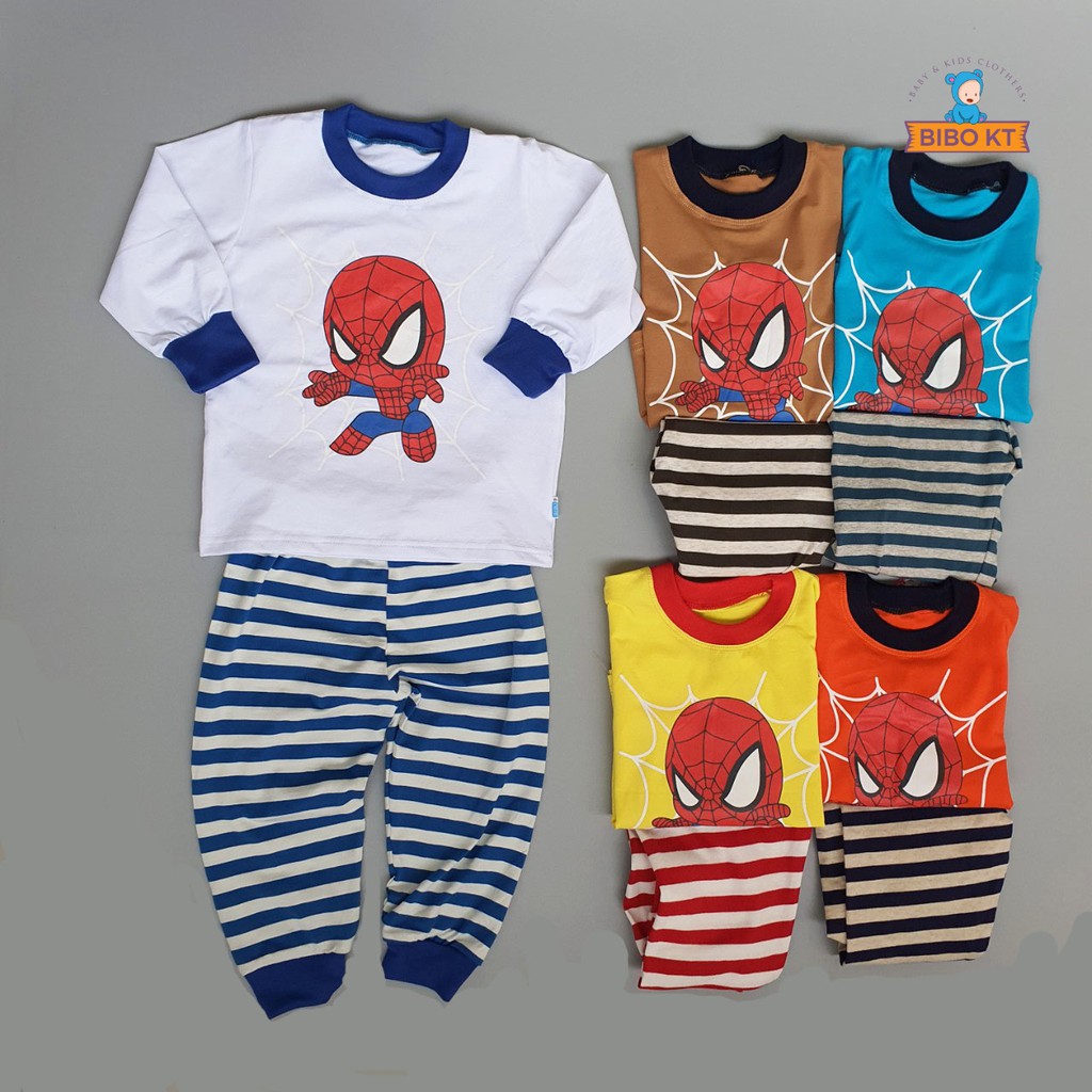 Bộ cổ bo tay dài cotton 100% 4 chiều co giãn mềm mịn Siêu nhân nhện mặc nhà đi học Bibo Kim Thu 1-5( 8-22kg)