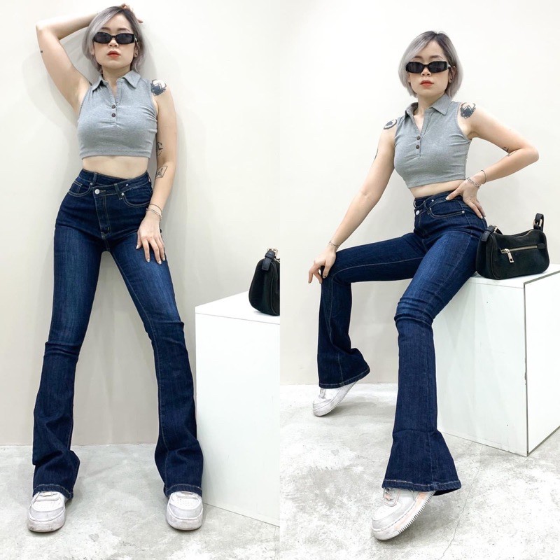 Quần Jean Ống Loe Cạp Lệch - Quần Bò Ống Loe Dáng Dài Xuất Xịn