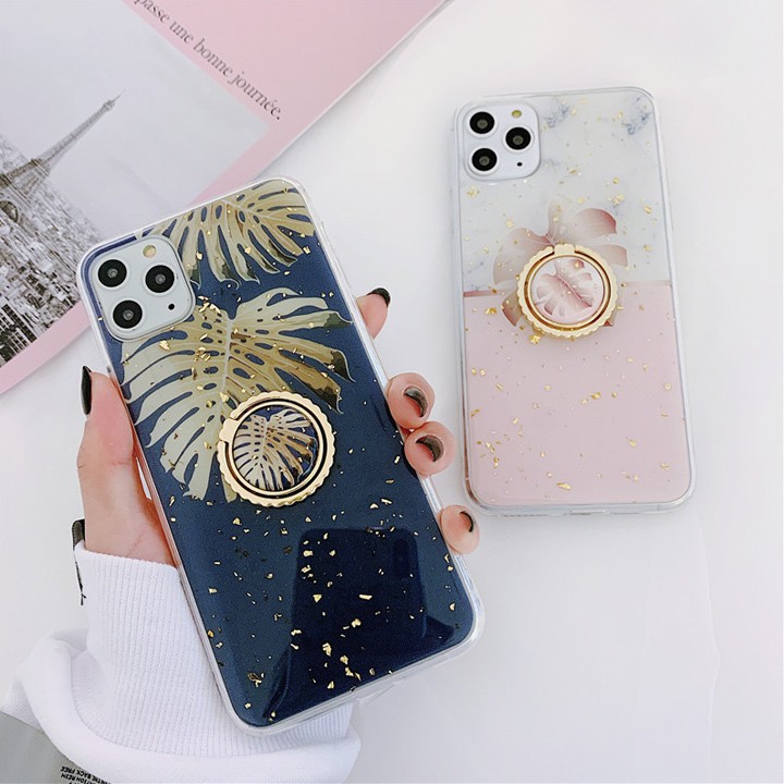 [Có Đỡ Lưng] Ốp Lưng iPhone 7/8/7Plus/8Plus/X/XS/XSMAX/11/11Pro/11ProMax Giả Đá Cẩm Thạch Họa Tiết Lá Cây - Mã TZAC269