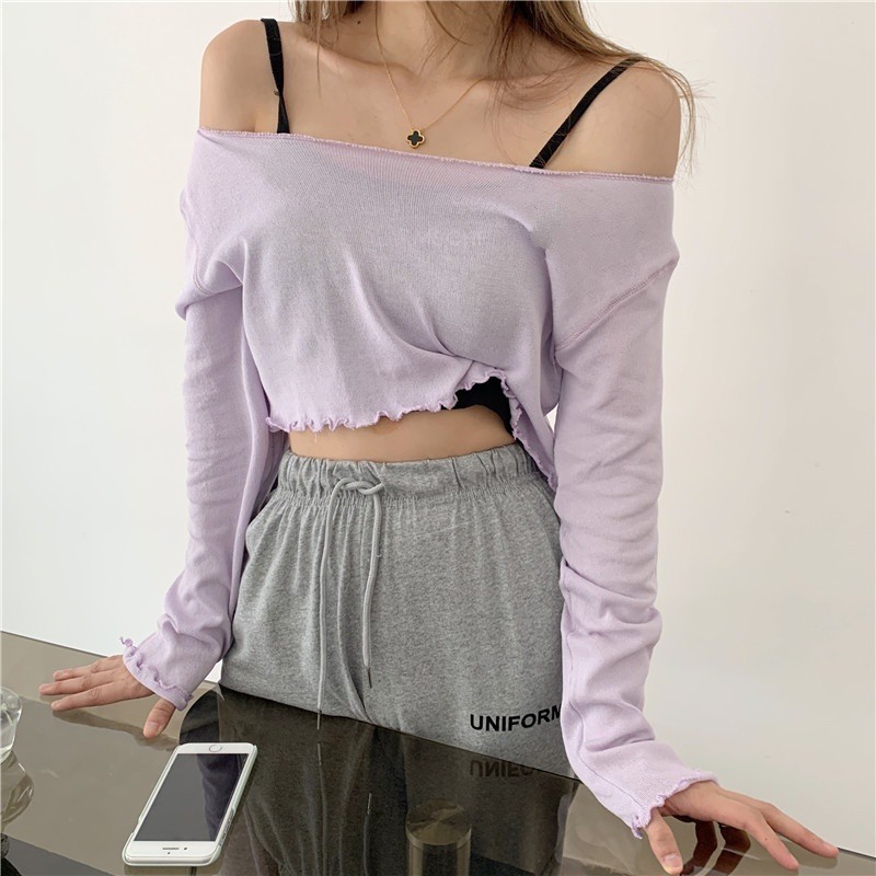 (QC L1) SET ÁO CROPTOP LEN GIẤY DÀI TAY CHỈ NỔI HỒNG TÍM TRẮNG + ÁO DÂY ĐEN ULZZANG - ÁO LEN GẠO LỆCH VAI BASIC | BigBuy360 - bigbuy360.vn