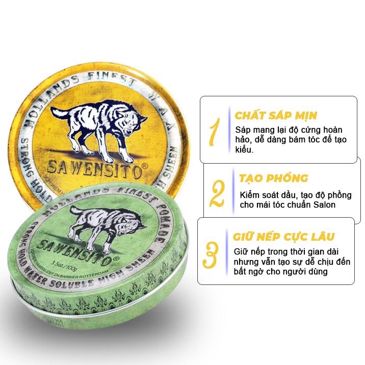 Sáp Vuốt Tóc SAWENSITO  Sói Vàng Sói Xanh & Sói Xanh Dương 100gr Tạo Kiểu, Giữ Nếp Cho Tóc. HÀNG CHÍNH HÃNG