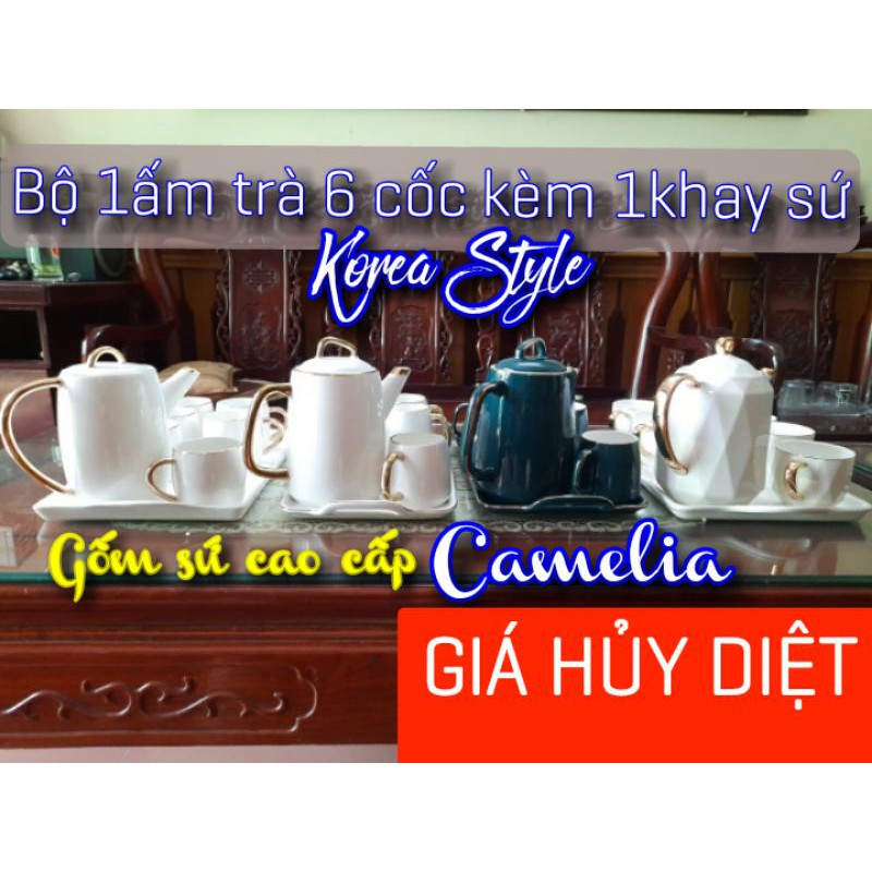 (Xả lỗ)Bộ ấm chén kèm khay sứ Camelia phong cách Korea