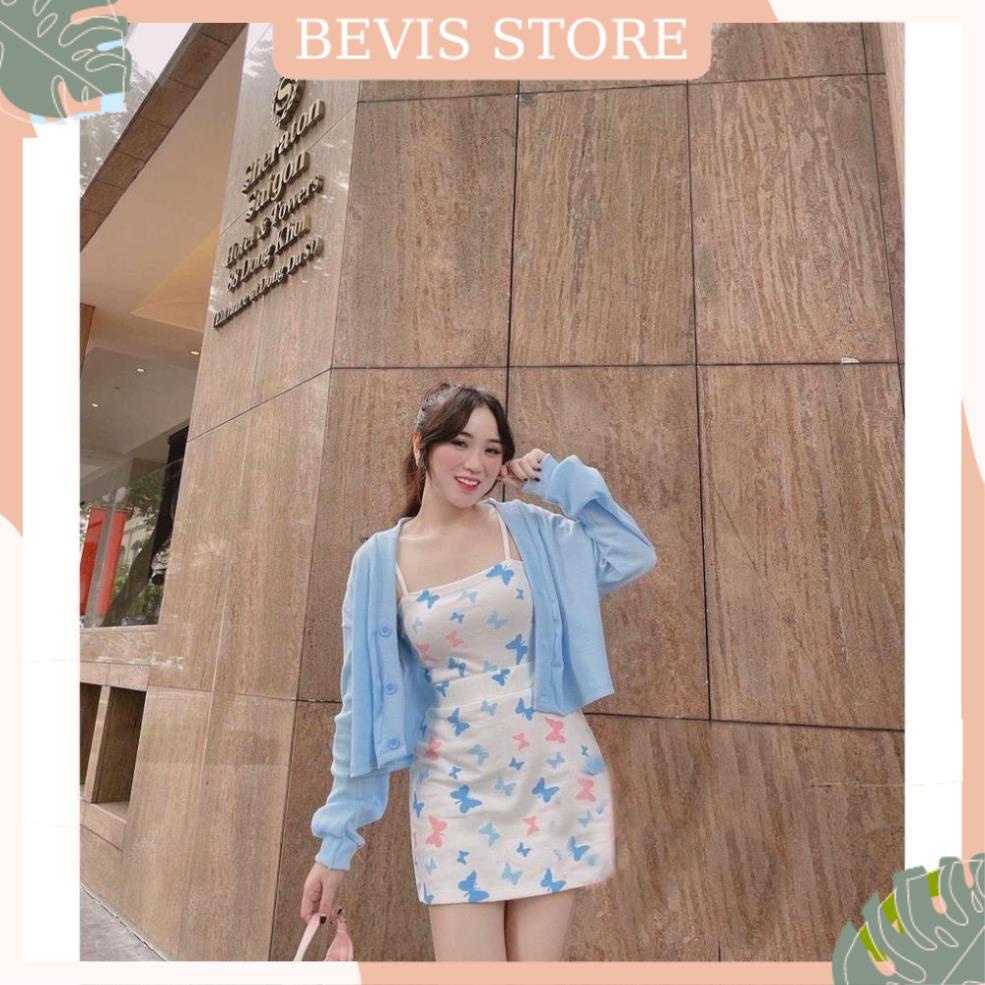 Bộ Áo Cardigan Croptop 2 Dây Bướm , Set Áo Khoác Dài Tay Kèm Váy X046