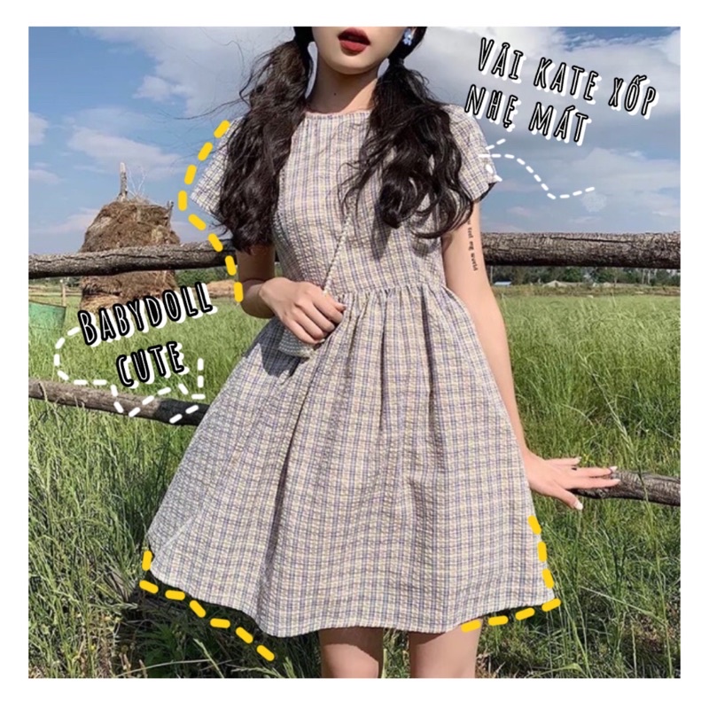 váy babydoll kẻ caro nơ lưng điệu đà ulzzang hàn quốc