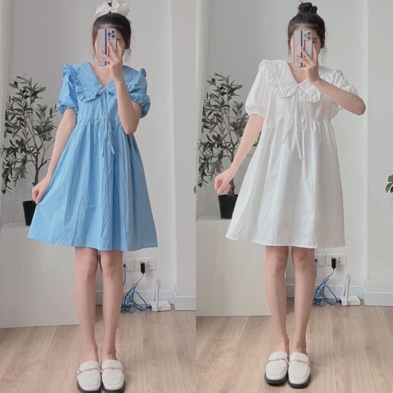 Đầm babydoll xanh trắng chất thô - Váy cộc tay bèo cổ