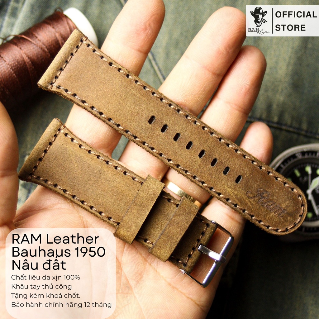 Dây Đồng Hồ Thủ Công Da Thật RAM Leather Bauhaus 1950 Da Bò Màu Nâu Đất Kiểu Tối Giản Bền Đẹp