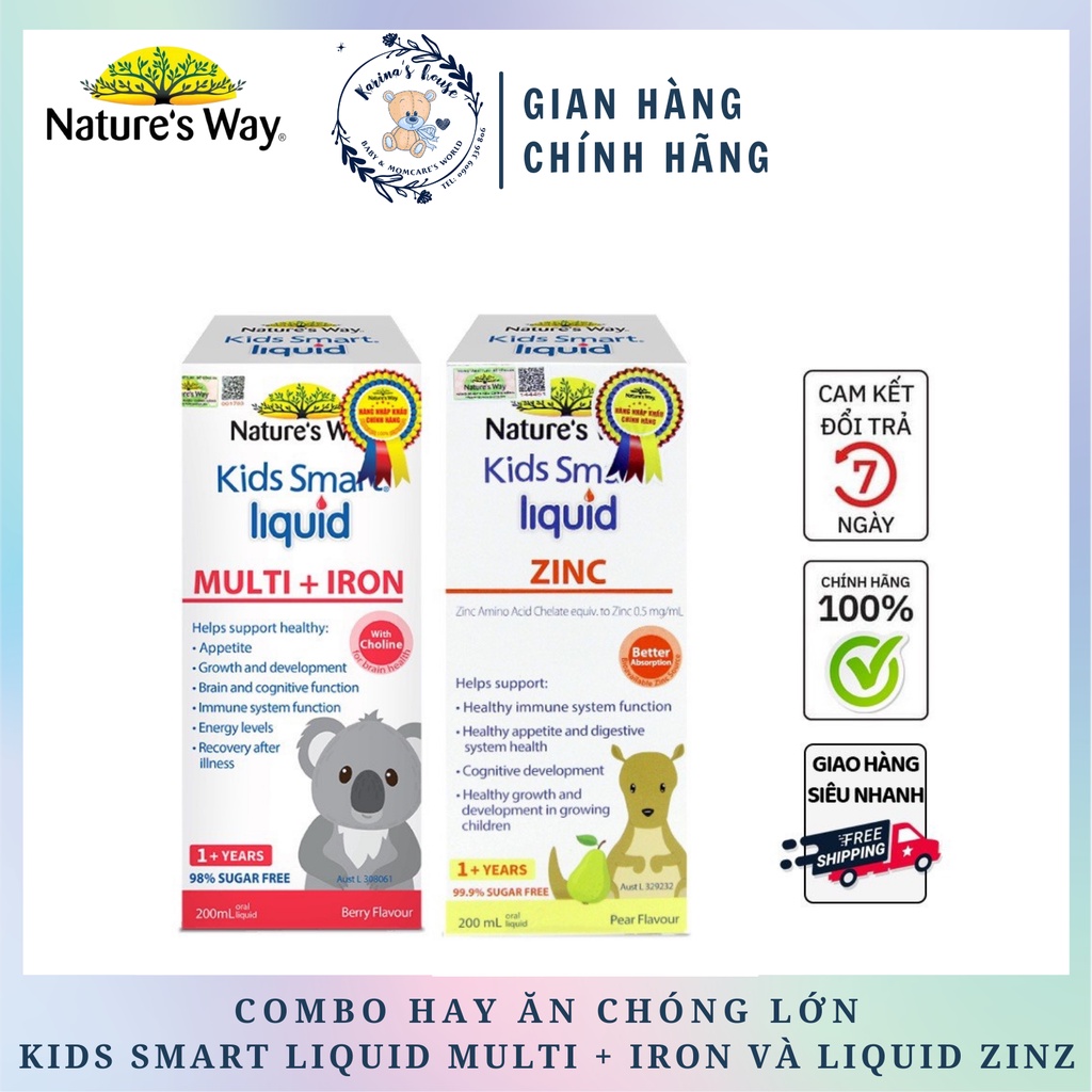 Combo 2 Siro Uống Nature's Way Kids Smart Liquid Zinc Và Liquid Multi + Iron Hỗ Trợ Nâng Cao Sức Đề Kháng Cho Trẻ