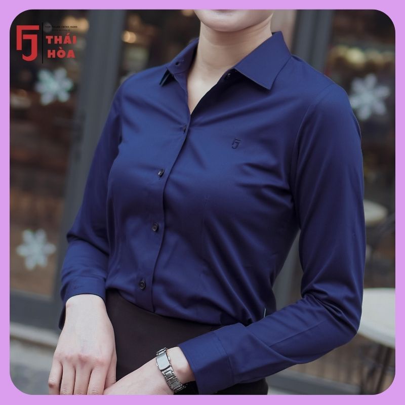 Áo sơ mi xanh nữ cao cấp công sở kiểu dài tay vải sợi tre Thái Hoà 8919-09-01