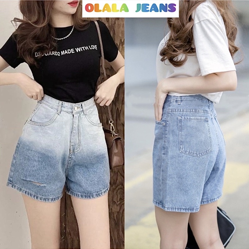 Quần Ngố Jeans Nữ Lưng Cao Ống Rộng Cạp Cao Ngang Rốn Loang Màu