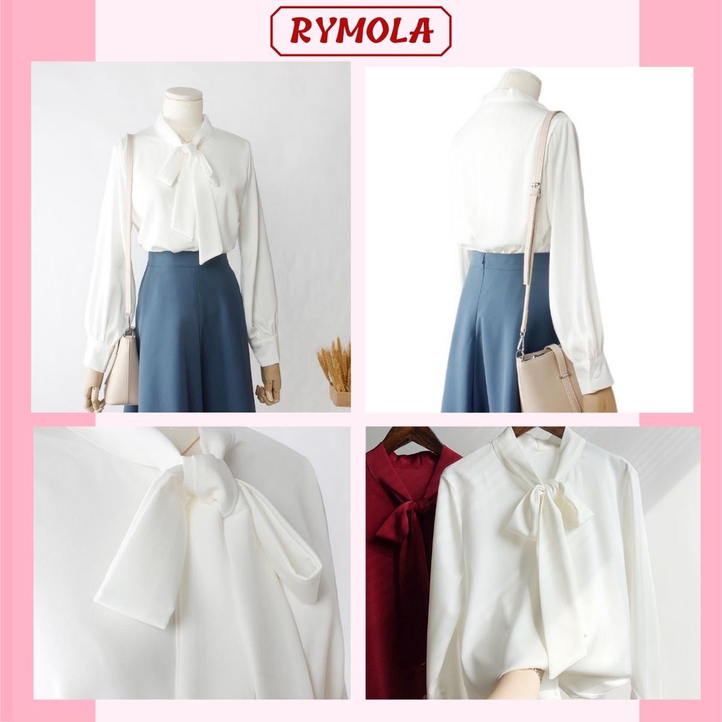 Áo Sơ Mi Kiểu Công Sở Đẹp MOLA Tay Dài Cổ Thắt Nơ Màu Trắng Chất Lụa Cao Cấp From Rộng Hàn Quốc Ulzzang Vintage A1T