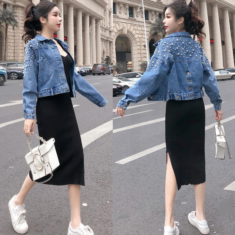 Áo Khoác Denim Dáng Ngắn Đính Hạt Thời Trang Cho Nữ